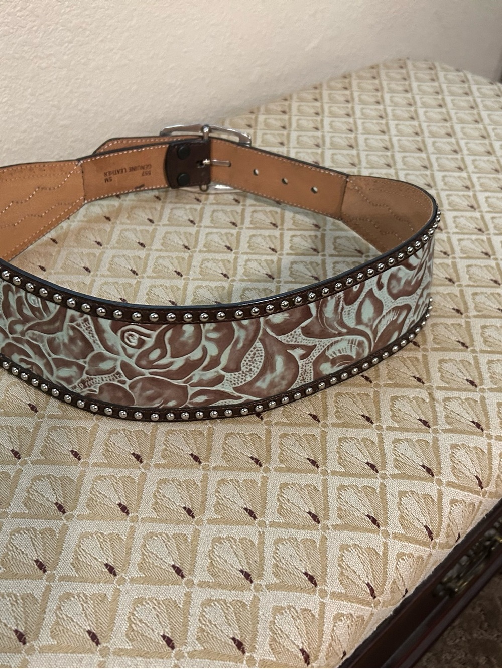 3D Studded Floral Leather Waist Belt in Brown and Cream S/M